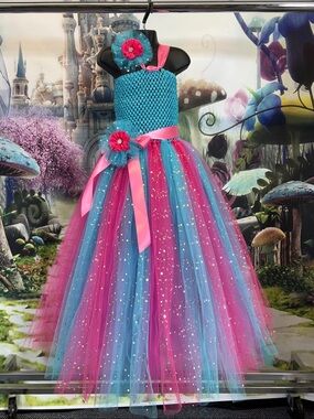 Handmade Girls Pink & Blue Tulle Sequin Dress